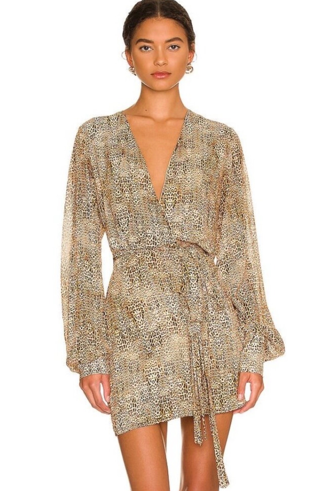 Alexis Leopard Print Mini Dress M Long Sleeve Deep V-Neck Animal Print Lined